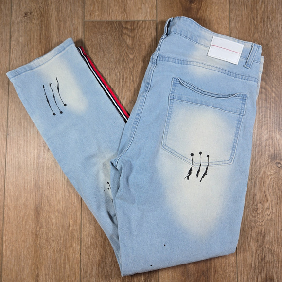 M Society Jeans 40x32 Blue Skinny Fit Distressed Paint Splatter Red Side Stripe - Picture 1 of 10